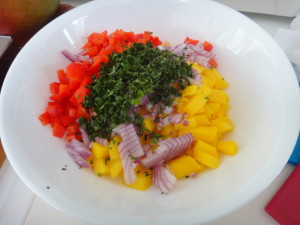 mango, onion, peppers, cilantro